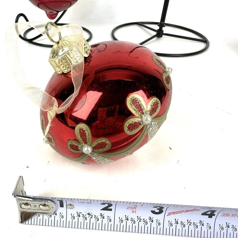 Vintage Christmas Ornaments Blown Glass Red and Gold Glitter Set of Three